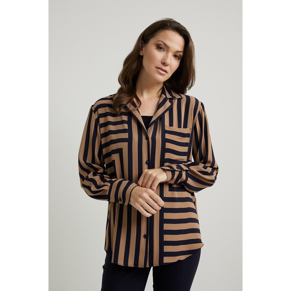 Joseph Ribkoff Striped Button Up Blouse Womens 16 Navy Tan Geometric